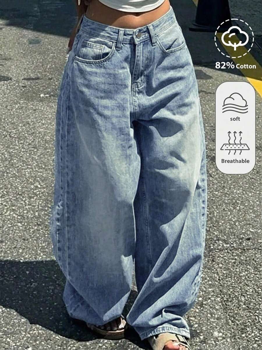 青少年女孩時尚休閒 Y2K 復古酷感街頭返校大學風 簡約基礎舒適懷舊藍色寬鬆牛仔褲 - 中等水洗藍 - 查看 1