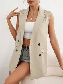 SHEIN Raffinéa 女士纯色翻领休闲百搭通勤西装背心 - 米色 - 查看 5