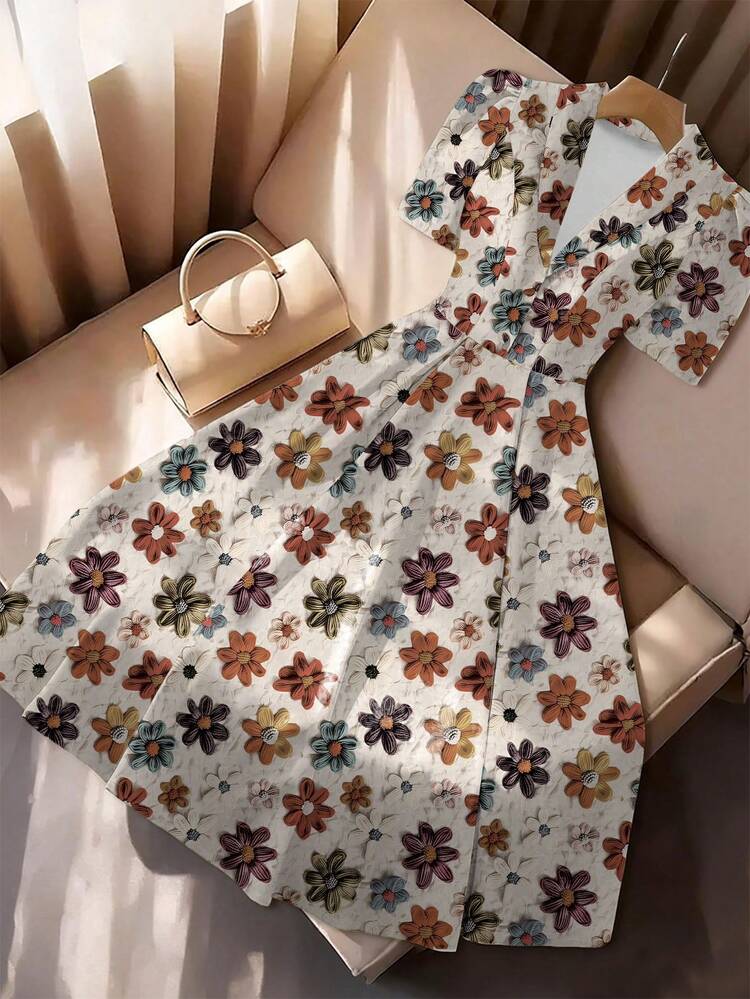 Franclia Women's Summer Floral Print Turndown Collar Short Sleeve A-Line Dress, Elegant Ladies Apparel For Office, Commute, Casual, Formal Occasions, Versatile Urban Fashion Dresses Floral Blouses For Women New Elegant - Multicolor - View 1