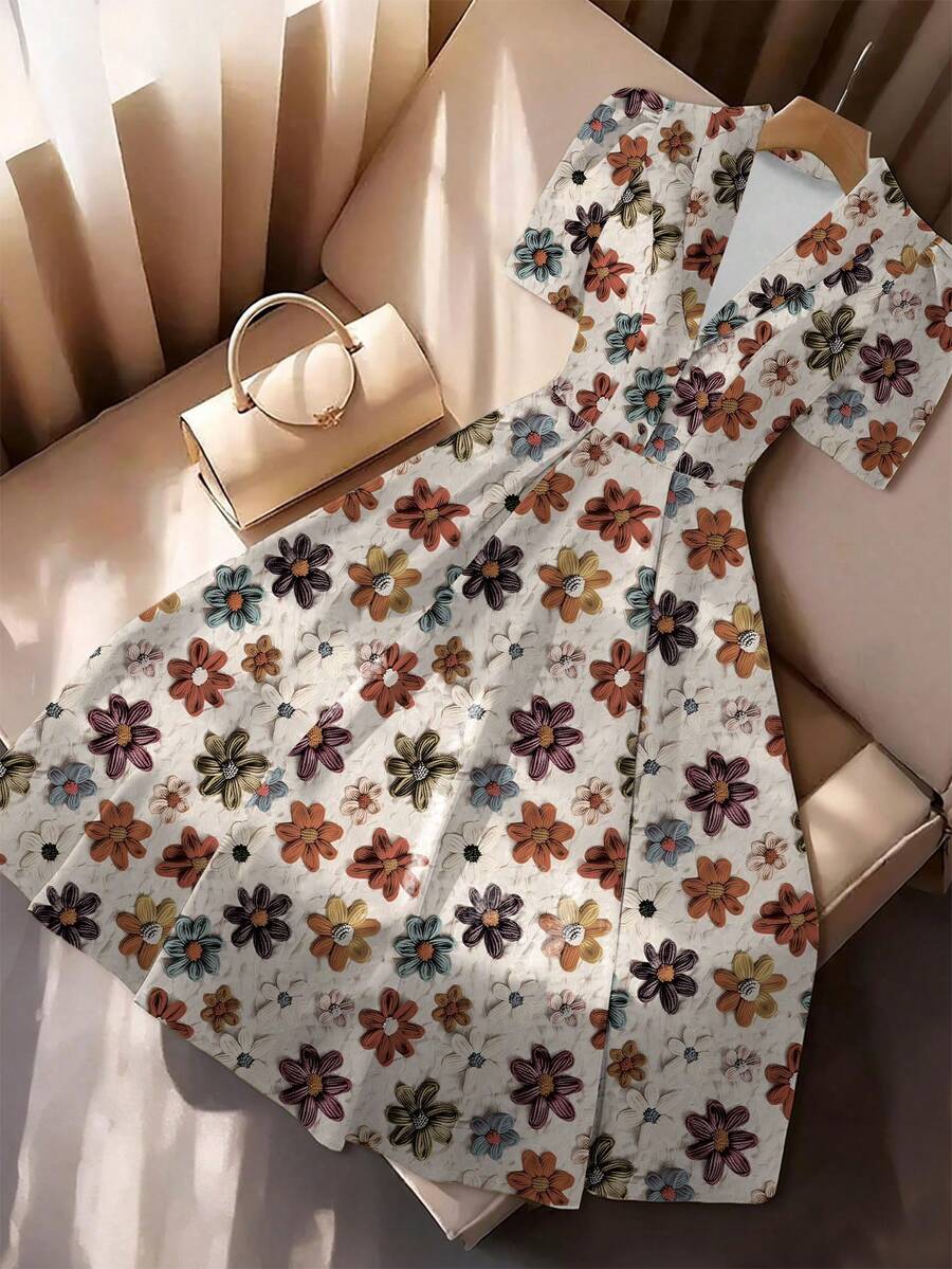 Franclia Damen Sommer Blume Muster Hemdkragen Kurzarm A-Linie Kleid, elegante Damenmode für Büro, Pendeln, Casual, formelle Anlässe, vielseitige urbane Mode - Verschiedenfarbig - Übersicht 1