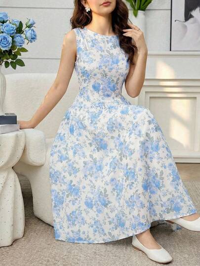 Teen Girl Casual Everyday Comfortable Spring/Summer Vacation Elegant Blue Floral Print Patchwork Sleeveless Knit Maxi Dress, Blue/Light Blue