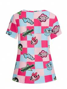 PopScrub THE POWERPUFF GIRLS X SHEIN 女士粉蓝格子印花V领工作服上衣，卡通IP联名款 - 彩色 - 查看 2