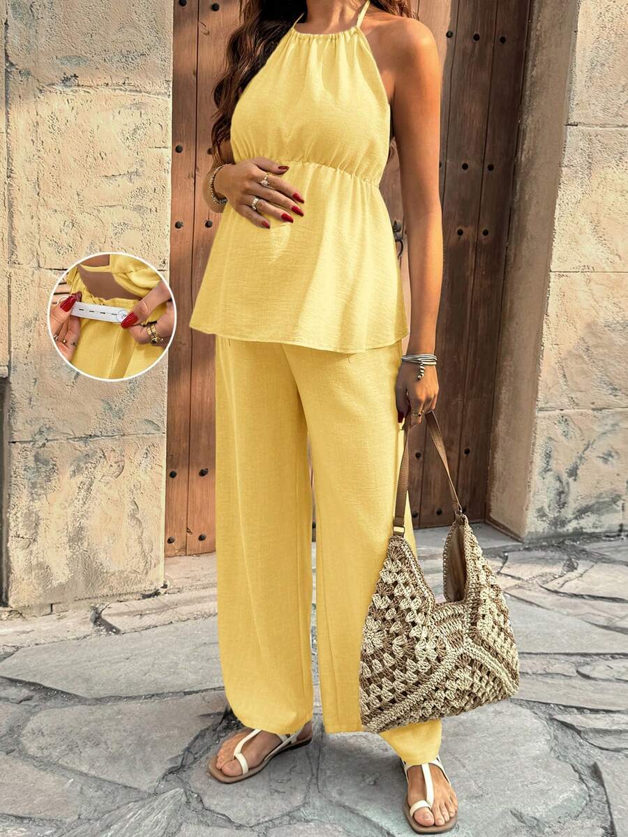 SHEIN Maternity Vacation Solid Color Halter Neck Tank Top And Adjustable Waist Loose Pants 2 Pieces Set - Yellow - View 1