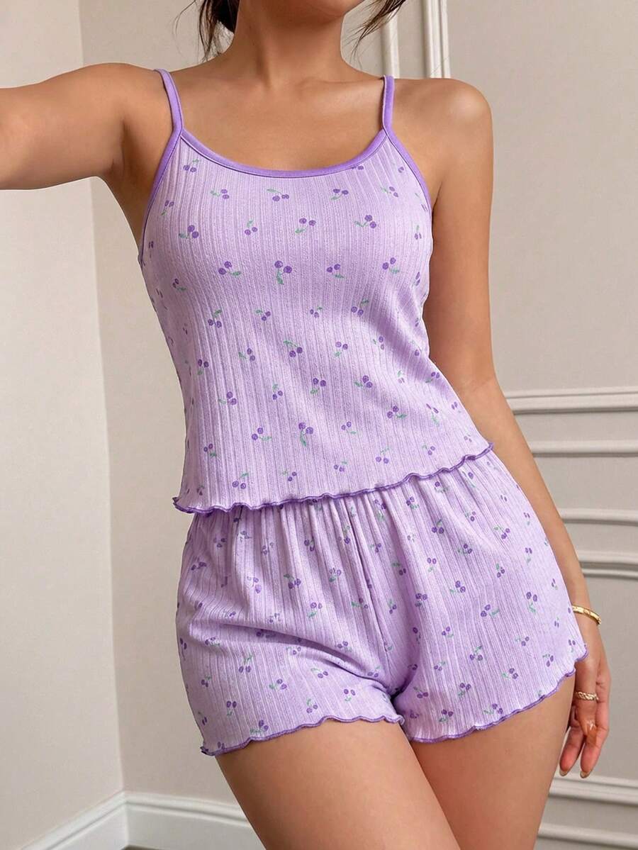 少女紫色可爱樱桃印花吊带背心和短裤舒适两件套睡衣 - 紫色 - 查看 1