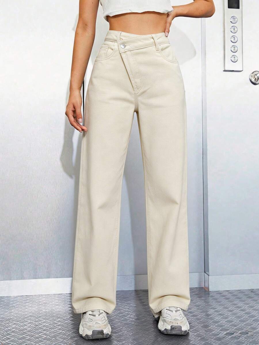 SHEIN ICON 女士休闲日常纯色不对称腰部牛仔裤 - 燧石 - 查看 1