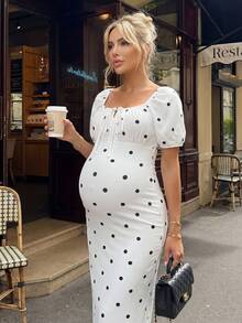 MaterniWear Elegant Polka Dot Print Tie-Front Dress For Pregnant Women, Perfect For Afternoon Tea, Office Wear, Dates, And Other Occasions. - White - View 6