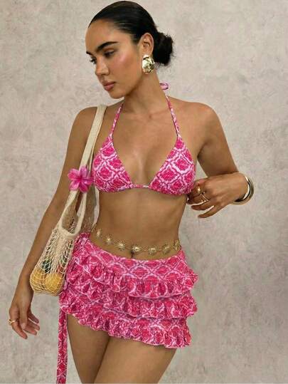 Bellisia Bộ bikini và váy xếp tầng 3 món họa tiết bướm và hoa lan da báo gợi cảm mùa hè, thích hợp cho kỳ nghỉ biển.