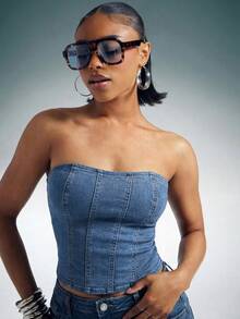 Denimoi Open Back Lace Up Denim Corset Top Sexy Tops Denim On Denim Fashionable Tops - Medium Wash - View 2