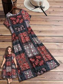Rusticease Plus Size Women's Vacation Style Patchwork Floral Print Side Slit Loose Long Beach Dress - Blue Day - View 1