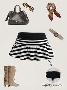 Rina Fox 女士春夏条纹迷你裙，黑白复古Y2K可爱性感度假风，休闲迷你裙，适合约会、音乐节、街头时尚 - 灰色 - 查看 2