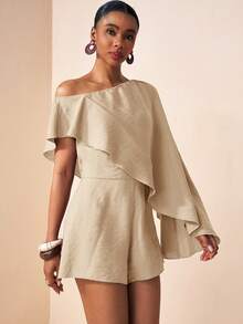 Zivah 2026春夏新款音乐节、复活节、圣帕特里克节、情人节、约会、西部风、游牧风、生日派对、毕业典礼、大学、学生、日常休闲、百搭基础款、休闲、邮轮旅行、海滩、日光浴、热门款、街头风、婚礼宾客波西米亚风、通勤、早午餐、机场、派对、假日郊游、办公装、不对称肩部飘逸连体短裤杏色连体裤 - 杏色 - 查看 3