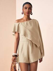 Zivah 2026春夏新款音乐节、复活节、圣帕特里克节、情人节、约会、西部风、游牧风、生日派对、毕业典礼、大学、学生、日常休闲、百搭基础款、休闲、邮轮旅行、海滩、日光浴、热门款、街头风、婚礼宾客波西米亚风、通勤、早午餐、机场、派对、假日郊游、办公装、不对称肩部飘逸连体短裤杏色连体裤 - 杏色 - 查看 6