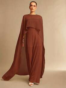 Silquee Women's Solid Color Chiffon Shawl Design Casual Jumpsuit - Brown - View 3