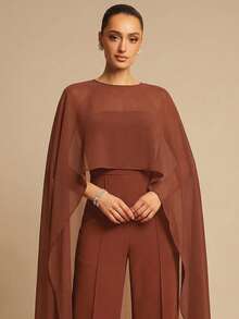 Silquee Women's Solid Color Chiffon Shawl Design Casual Jumpsuit - Brown - View 4