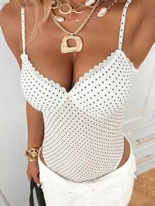 SHEIN EZwear White Polka Dot Mesh Camisole - White - View 4
