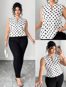 SHEIN CURVE+ 大码女式V领无袖波点衬衫 - 彩色 - 查看 1
