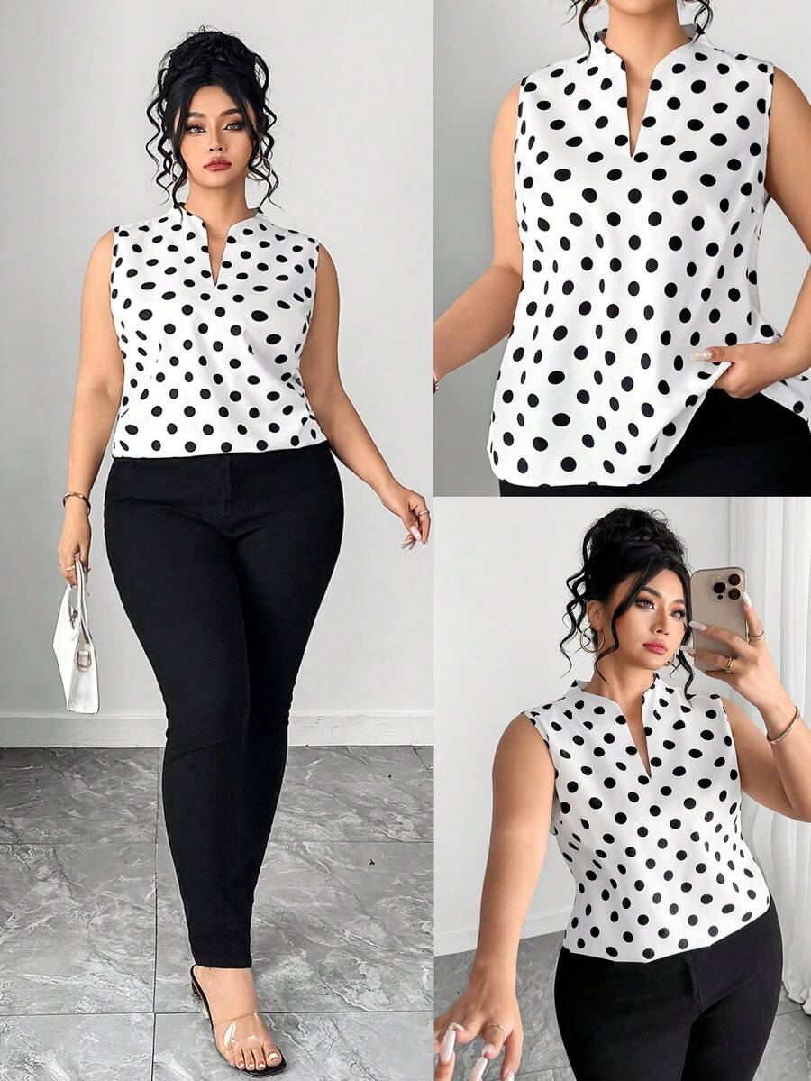 SHEIN CURVE+ 大码女式V领无袖波点衬衫 - 彩色 - 查看 1