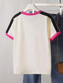 SHEIN Vintaside Kids 少女字母条纹短袖休闲时尚T恤 - 杏色 - 查看 2