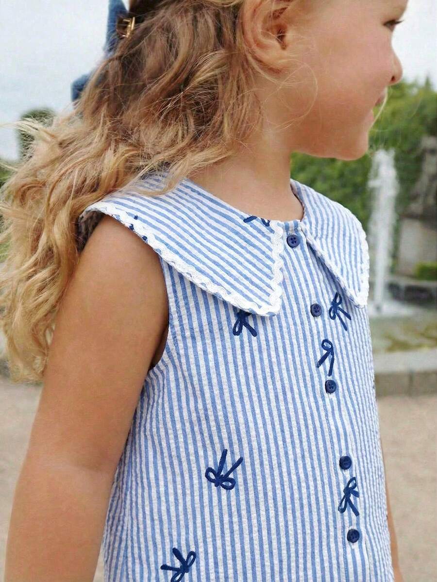SHEIN 少女編織立領休閒襯衫 夏季復古甜美風 - 藍白色 - 查看 1