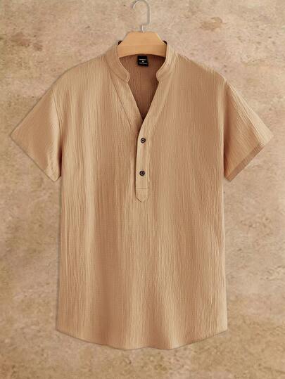 HIMLAND Áo sơ mi nam dáng rộng, màu trơn, cài nửa khuy.