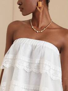 SHEIN Veneréa 新款纯色蕾丝边抹胸上衣 - 白色 - 查看 6