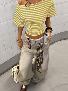 StreetHx Women's Fashionable Multi-Color Striped Asymmetrical Shoulder Casual T-Shirt - Multicolor - View 6