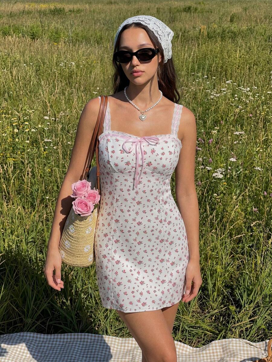 MainGRL Đầm nữ họa tiết hoa nhí thắt nơ phía trước, kiểu dáng nữ tính, thích hợp cho các buổi hẹn hò và đi chơi. - trắng - Xem 1