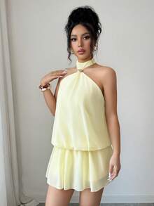 Elenzga Vestido mini elegante y romántico de verano para mujer, con cuello halter, espalda descubierta, volantes en el bajo y hebilla metálica, en color amarillo tejido - Amarillo - Ver 4