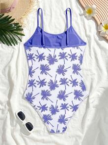 SHEIN 少女褶皱荷叶边连体泳衣，休闲舒适 - 紫色 - 查看 3