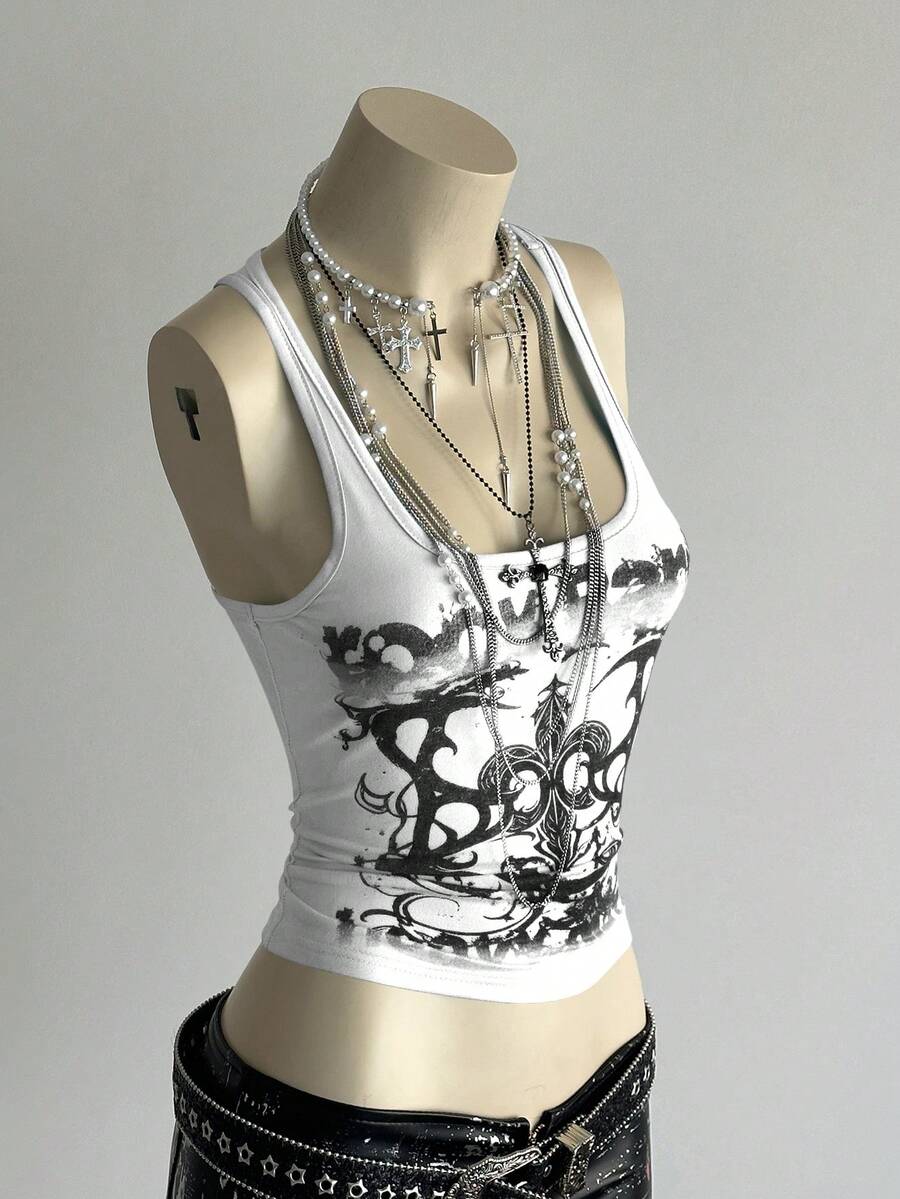SHEIN DivaQ Women's Street Subculture Letter Punk Print Tank Top - White - View 1