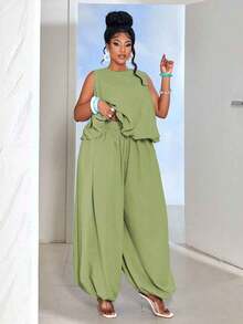 Maweii Plus Size Women Solid Color Round Neck Peplum Top And Loose Pants 2 Pieces Set - Green - View 6