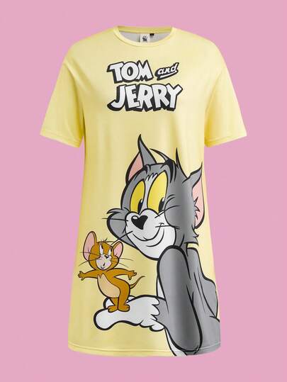 TOM & JERRY X SHEIN Chemise de nuit femme à col rond avec imprimé mignon de dessin animé et manches courtes