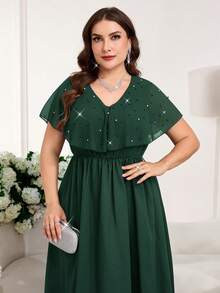 SHEIN Clasi Plus Size Women Elegant Patchwork Ruffle Beaded Design Dress - Dark Green - View 10