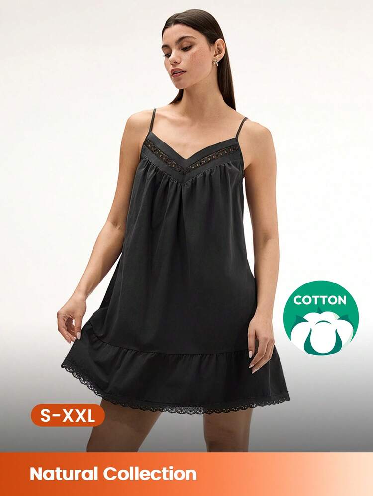 Black Floral Embroidered Lace Trim Sexy Nightdress