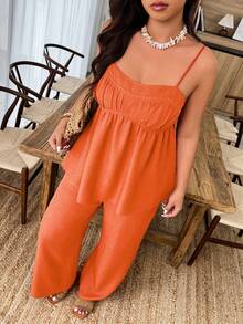Weeklong Plus Size Women's Casual Camisole & Wide Leg Pants 2 Pieces Set, Spring/Summer - Orange - View 3