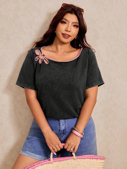 Elaquor Plus Size Casual Hollow Out Short Sleeve T-Shirt, Summer