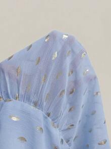 Glamine Chemise décontractée de style français pour femmes avec motif de feuilles dorées métalliques, ruban amovible, ourlet à volants multicouches, convenant à l'automne et à l'hiver - Bleu ciel - Voir 7