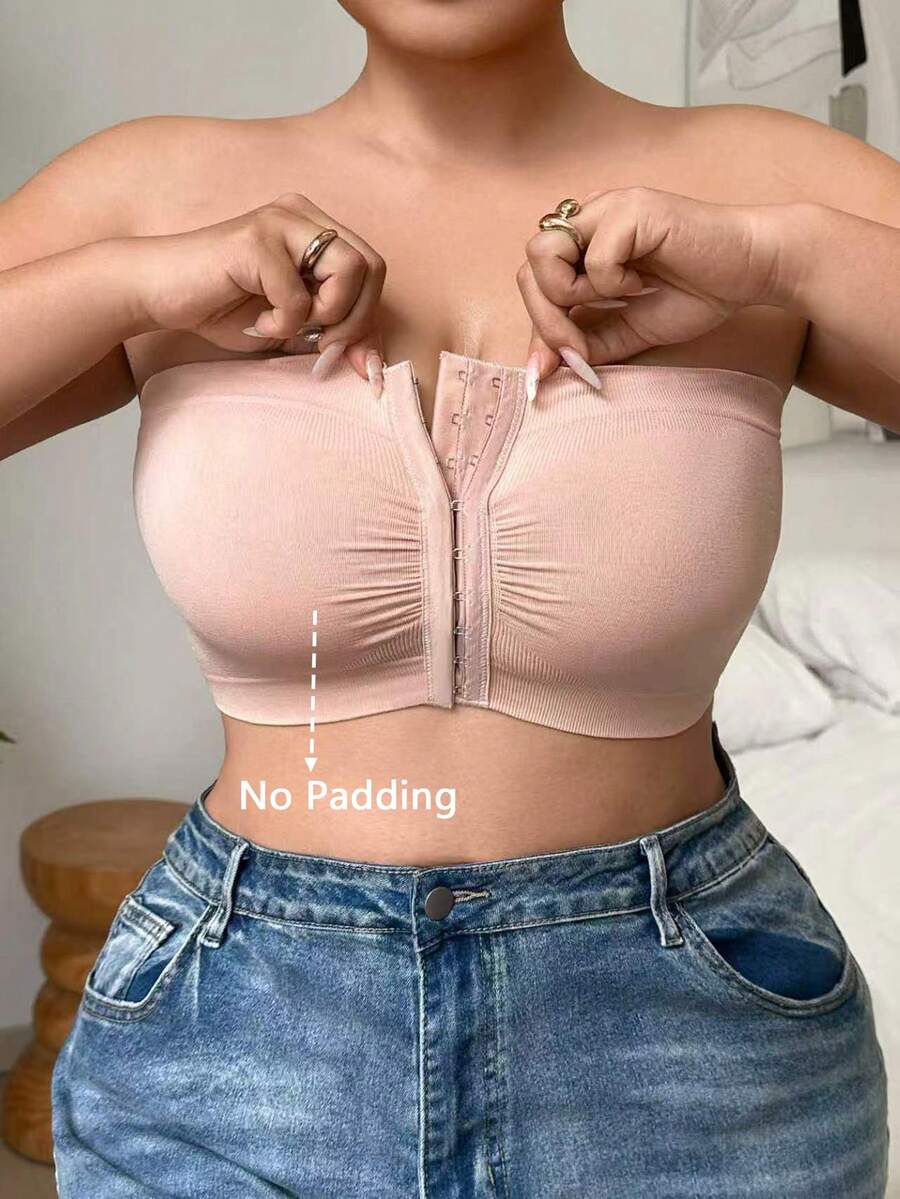 Comfortable Seamless Front-Closure Plus Size Bandeau Bra - Pink - View 1