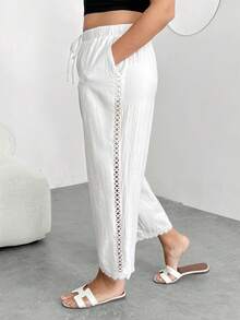 Enliva Plus-Size Women's Cotton Cropped Trousers,White,Autumn,Basic,Boho,Vacation,Holiday Lace Trim Pocket Stretch Waist Pants For Apple Rounded - White - View 3