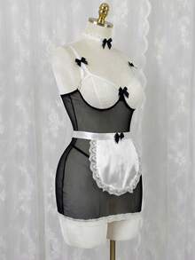 Spicy Aura 4 piezas Disfraz de sirvienta clásico con encaje y parches de malla transparente, con corbata de moño, ajustado - Blanco y Negro - Ver 9