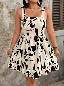 EMERY ROSE 大码女式度假风大码印花蝴蝶结腰带连衣裙 - 卡其色 - 查看 7