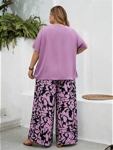 SHEIN CURVE+ Curve 尺码 US22 音乐节、海滨度假、波西米亚风两件套女士度假宽松衬衫和碎花长裤套装 夏季套装 - 紫色 - 查看 2