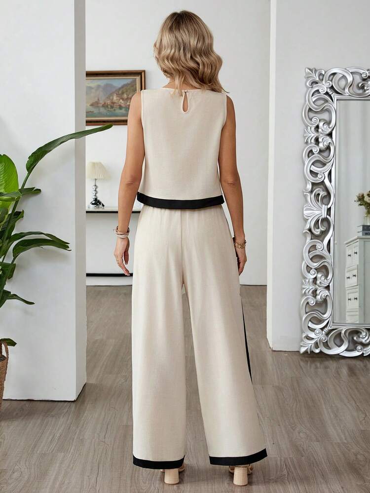 Women's Contrast Color Round Neck Tank Top And Pants Casual 2 Pieces Set Summer Outfits For Women Work Outfits For Women Office Outfits For Women Two Piece Set Women Elegant Two Piece Set For Women Summer Two Piece Set 2-Piece Going Out Sets For Women Matching Sets For Women Women's Blouse Set Coords For Women Casual Classy Two Piece Set Womens Outfit