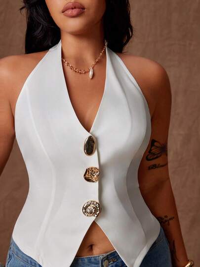 Rustia Plus Size Women Elegant Solid V-Neck Irregular Metal Button Decor Casual Commuter Versatile White Vest Blazer, Thin Blazer With Metal Decor, Minimalist Versatile Sleeveless Vest Blazer, Suitable For Work, Plus Size Thin Blazer
