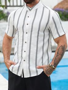 VENTUSAIL 男士短袖条纹休闲度假衬衫 - 白色 - 查看 3