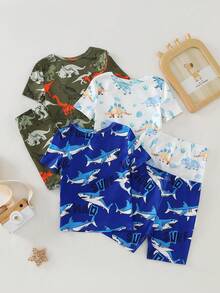 SHEIN 3sets Baby Boy Cute Graphic Dinosaur & Shark Print Pajama Set,Summer White Soft Knit Crew Neck Short Sleeve Top And Shorts Snug Fit Night Pajamas - Multicolor - View 1