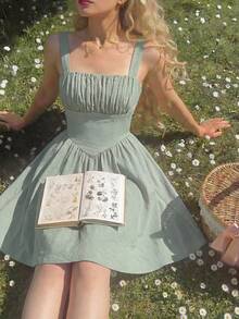 SHEIN Vestido de niña preadolescente con estampado floral todo sobre rosa con busto fruncido - Verde - Ver 1