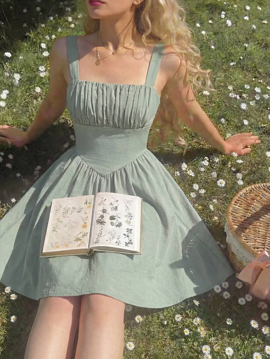 SHEIN Vestido de niña preadolescente con estampado floral todo sobre rosa con busto fruncido - Verde - Ver 1