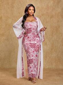 Brilight Women's Elegant Slim Fit Dress And Mesh Patchwork Cardigan Two Pieces Set South African Traditional Clothing Middle Eastern Style Suita Ble For Parties And Gatherings Daily Outings Halloween Set Holiday Set Autumn Outfit Spring/Summer Outfit - White - View 7