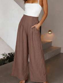 Pariaura Brown Textured Wide-Leg Pants With Front Pleats & Elastic Back Waist - Coffee Brown - View 3